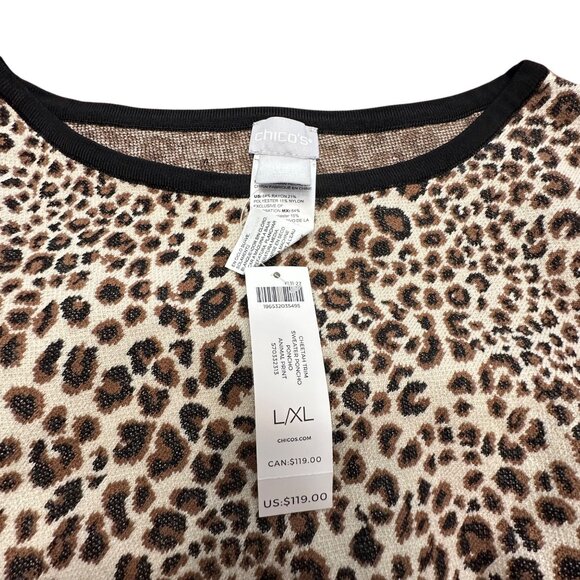 Chico's Poncho L/XL NWT Tan Brown Black Cheetah Trim Sweater Animal Print - Picture 5 of 11
